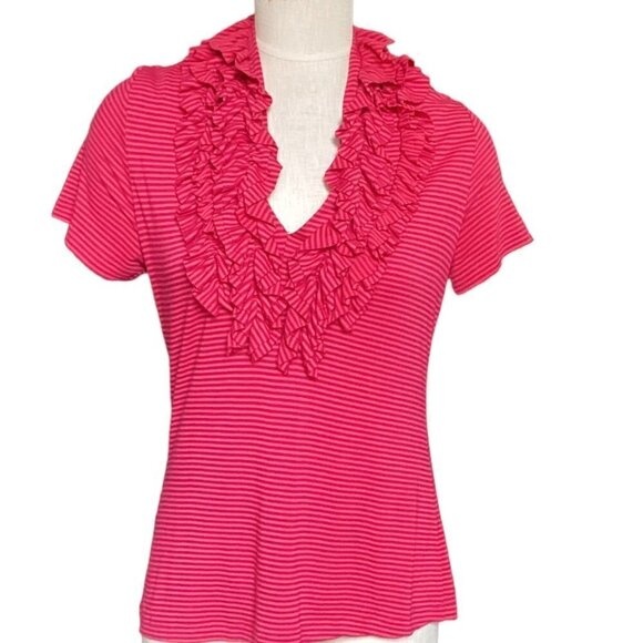 Soft Surroundings Striped Top Ruffle Blouse Sz M Pink 144H - Picture 1 of 8